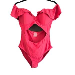 ANDREA IYAMAH | Red Ruffle Neck Peek-a Boo Cutout One Piece Swimsuit | Size 2XL